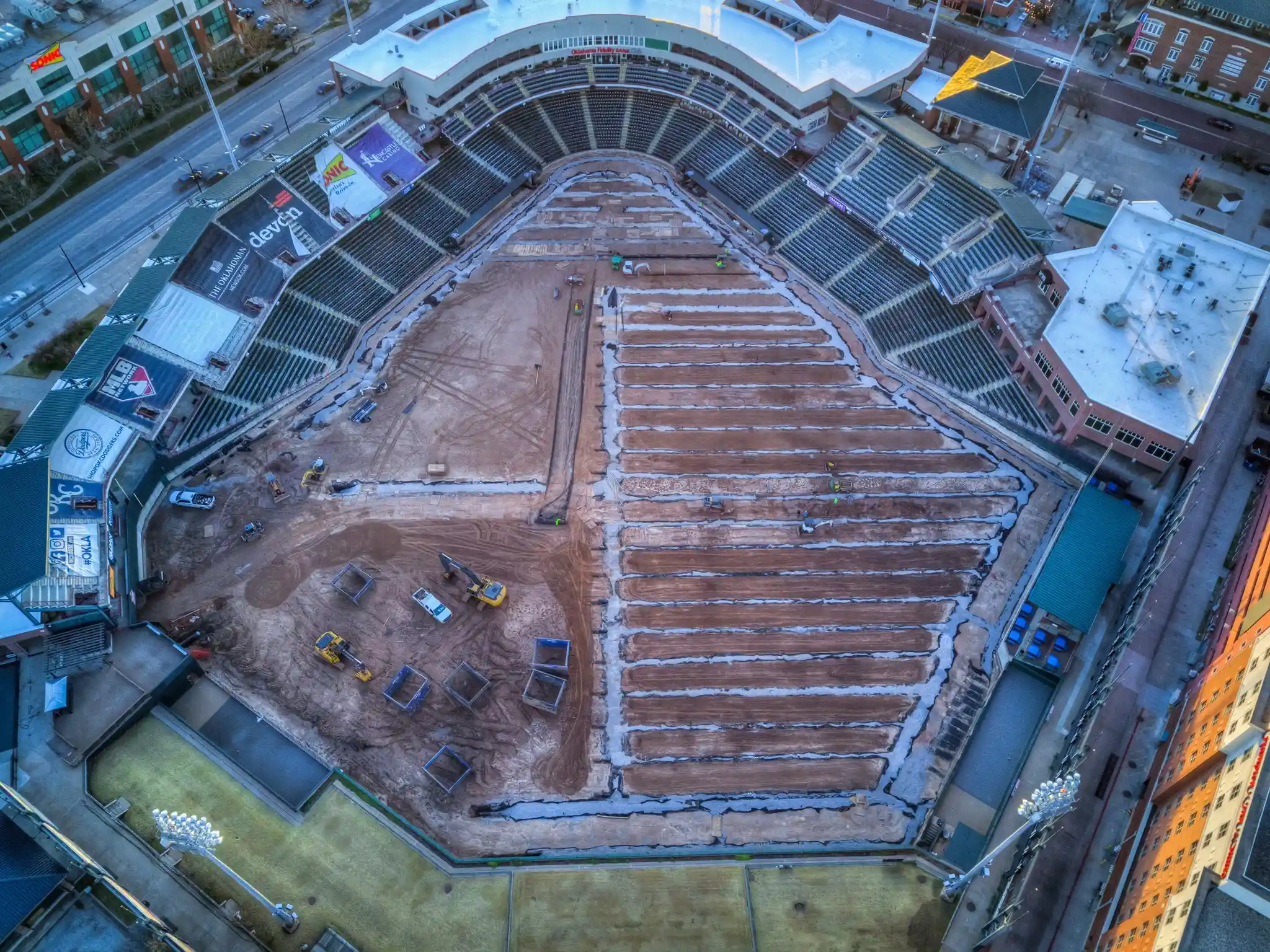 An aerial view of a baseball field under construction.