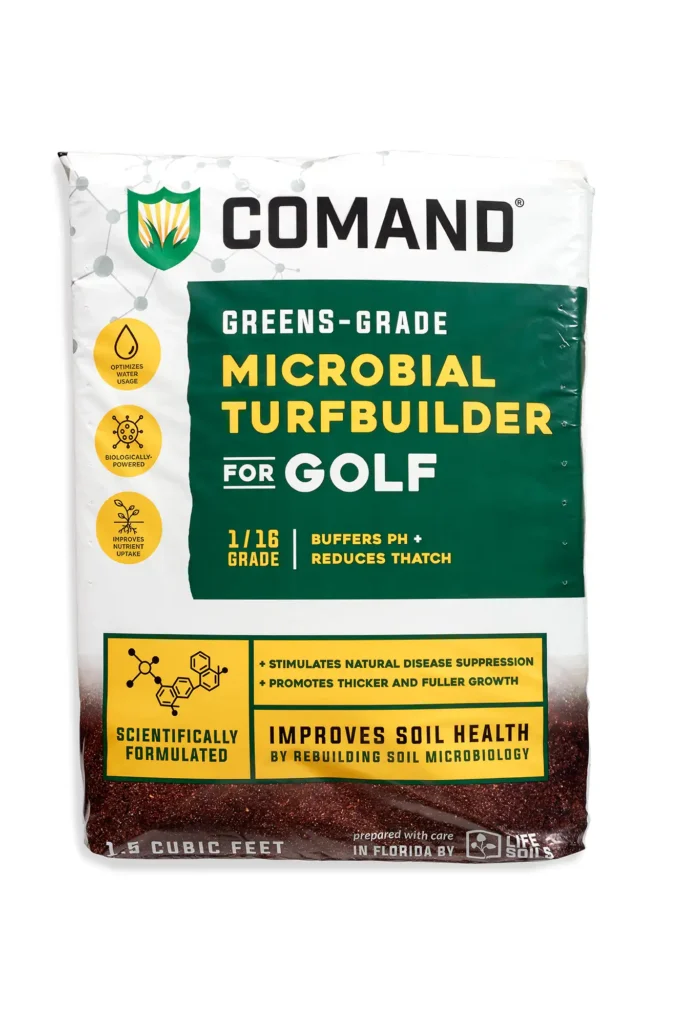 A 45-pound bag of COMAND Greens-Grade Microbial Turfbuilder, seen from the front.