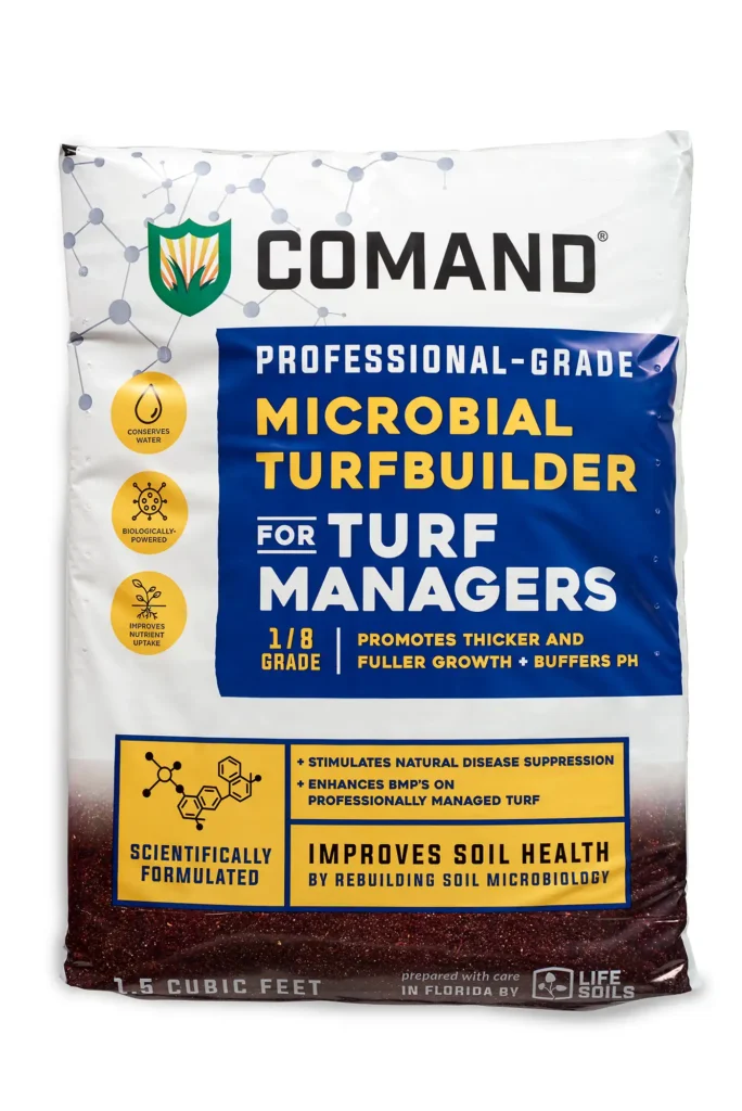 A 45-pound bag of COMAND Microbial Turfbuilder for Turf Managers, seen from the front.