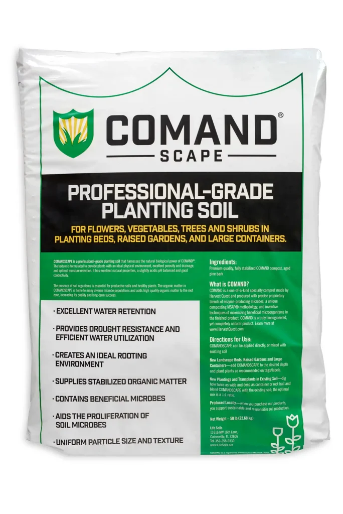 A 45-pound bag of COMAND Scape Professional-Grade Planting Soil, seen from the back.