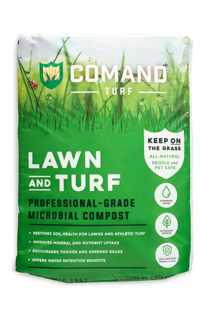 A 45-pound bag of COMAND Turf Professional-Grade Microbial Compost, seen from the front.