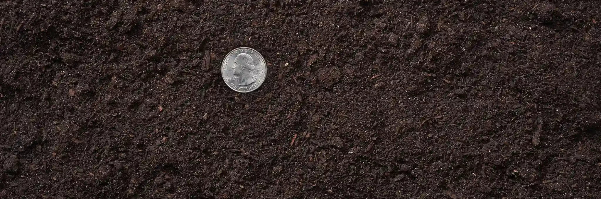 A close-up view of COMAND Microbial Turfbuilder for Turf Managers showing a U.S. quarter for scale.