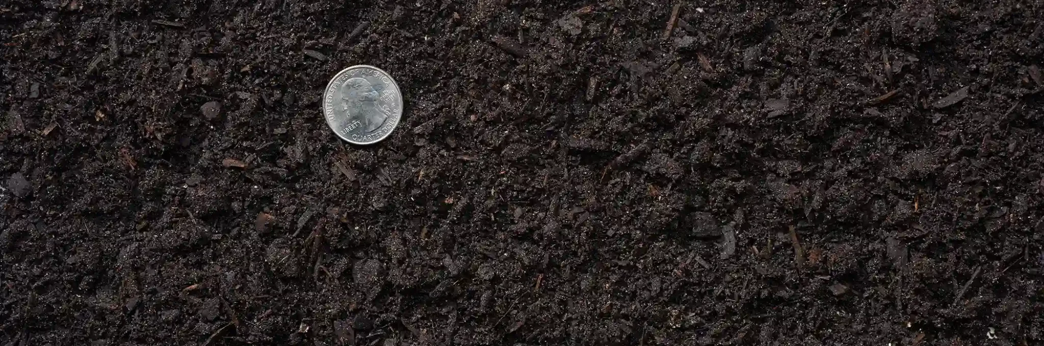 A close-up view of COMAND Turf Professional-Grade Microbial Compost showing a U.S. quarter for scale.